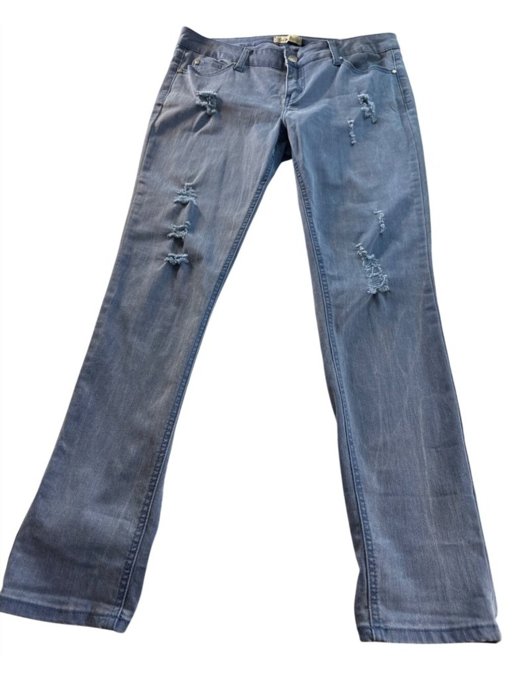 Blue Skinny Fit Jeans 10 Mid Rise Y2k Love Indigo Soft Distressed Thrashed Rockr